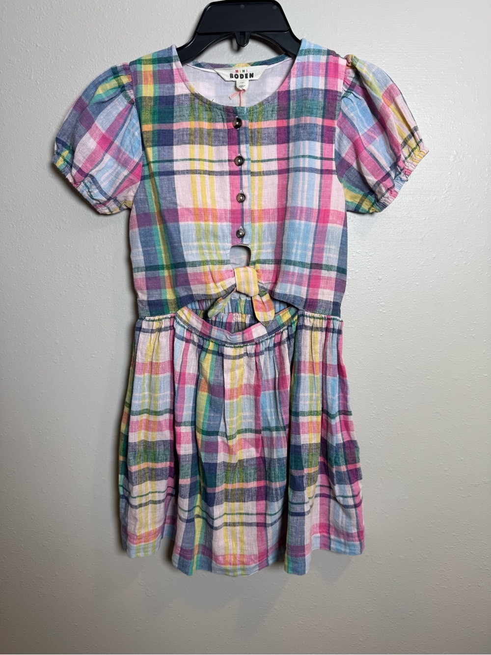 Mini Boden Pastel Plaid Tie-Front Dress in Madras Plaid NEW Size 7-8